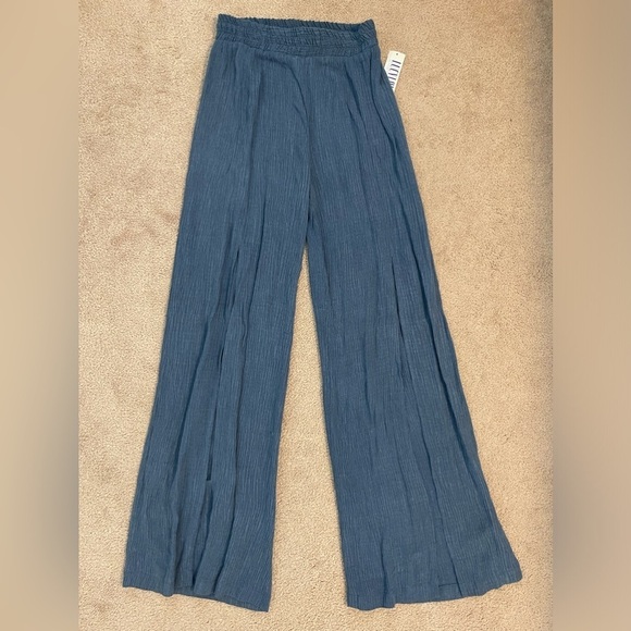 Lucy Love Blue Textured Loose Fit Slit Wide Leg Casual Pants - Picture 1 of 11